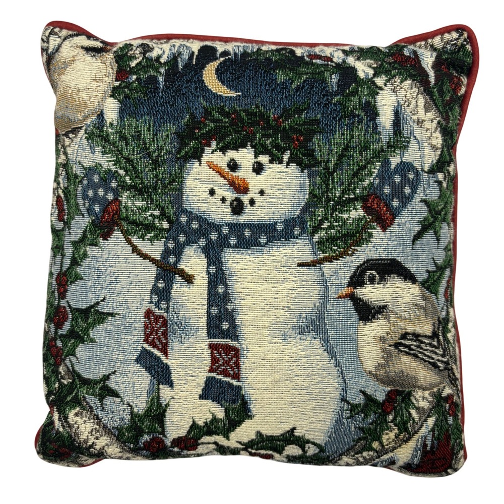 Vintage Snowman Chickadee Woven Tapestry Christmas Decorative Throw Pillow 12.5"
